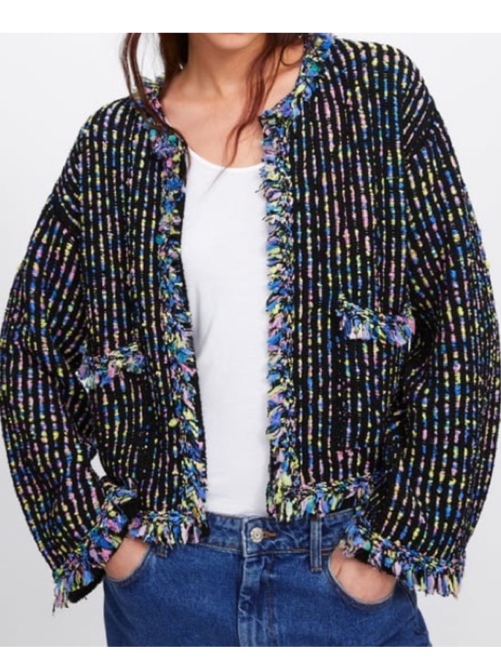 Zara multi colored crochet look blazer with pockets size small